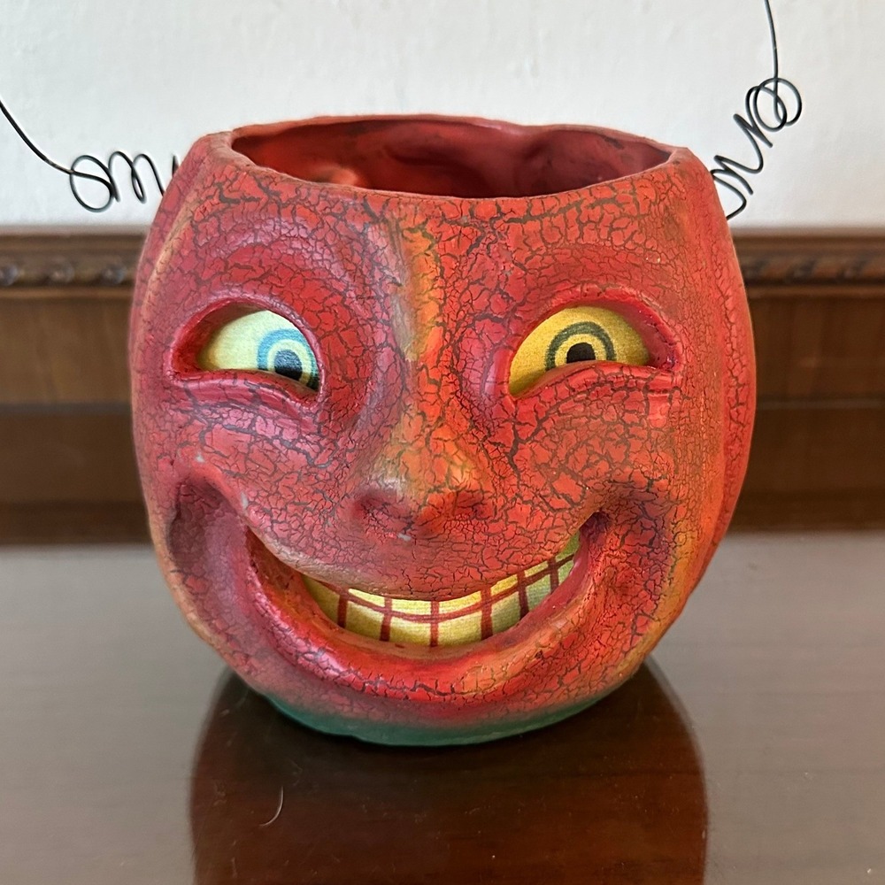 Vintage Style Halloween Jack-O-Lantern Pumpkin Bucket Crackle Finish Folk Art